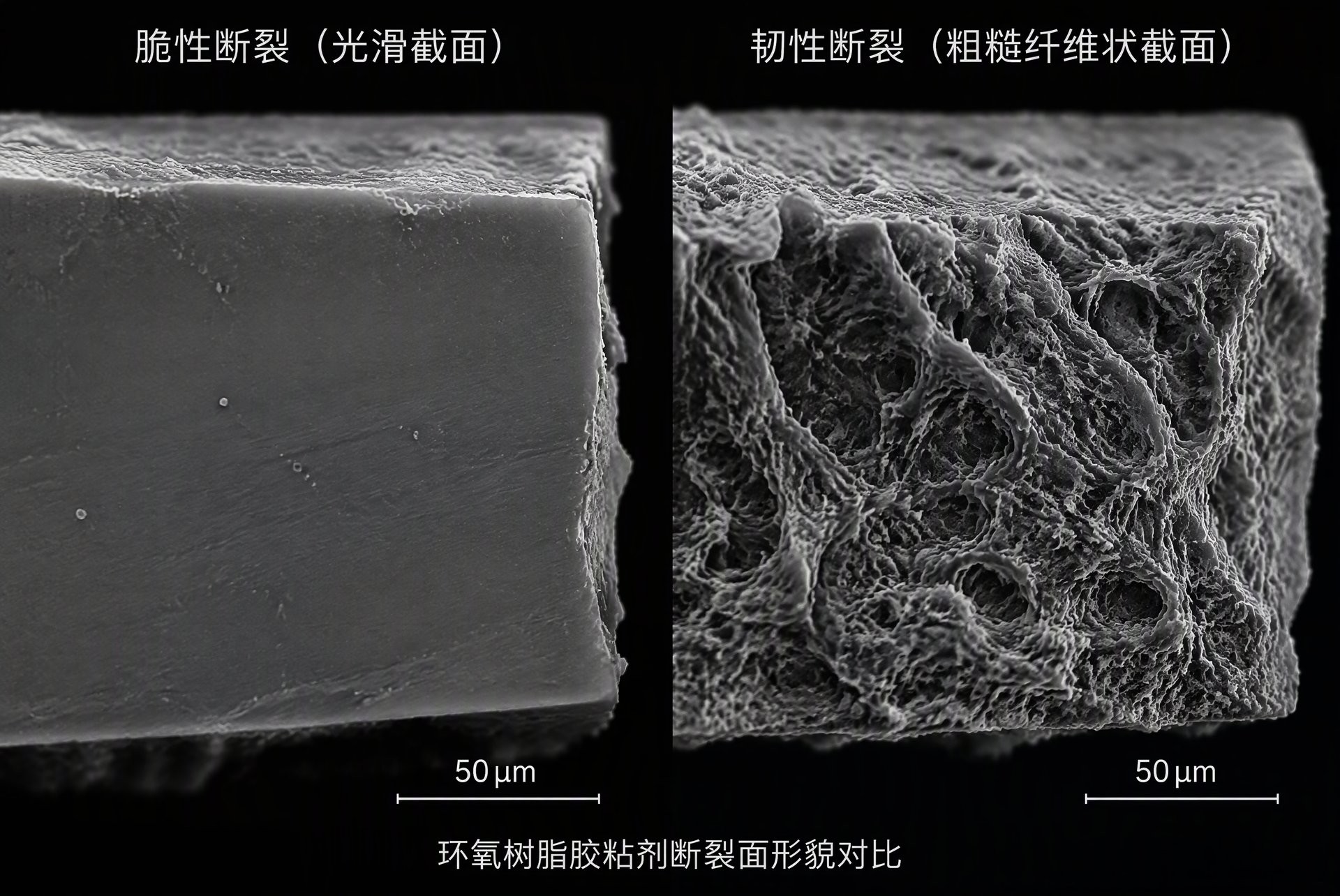 高韧性环氧AB胶断裂面对比:脆性断裂与韧性断裂 高韧性环氧AB胶断裂面对比:脆性断裂与韧性断裂