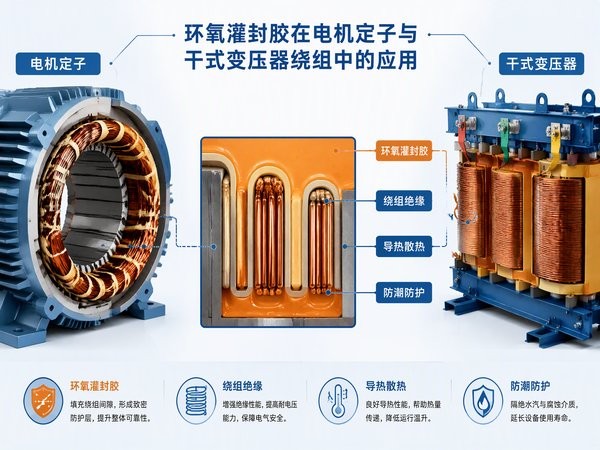 环氧灌封胶在电机定子与干式变压器中的应用：绕组绝缘、导热与防潮防护